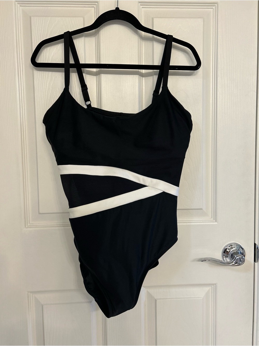Miraclesuit Black One-Piece Swimsuit with White Diagonal Straps (A)